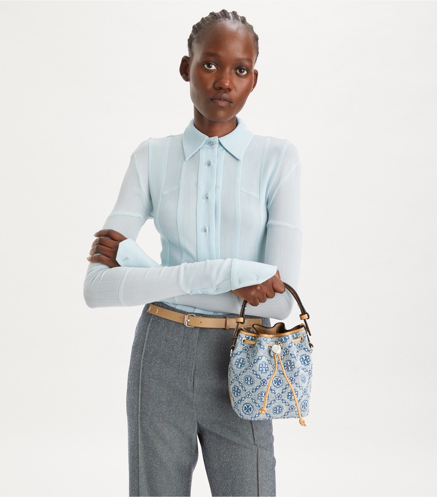 Tory Burch T Monogram Denim Mini Bucket Bag - Powder Blue