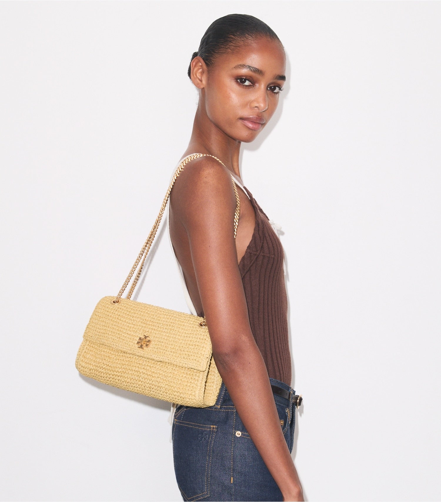 Tory Burch Kira Turnlock Woven Shoulder Bag - Natural