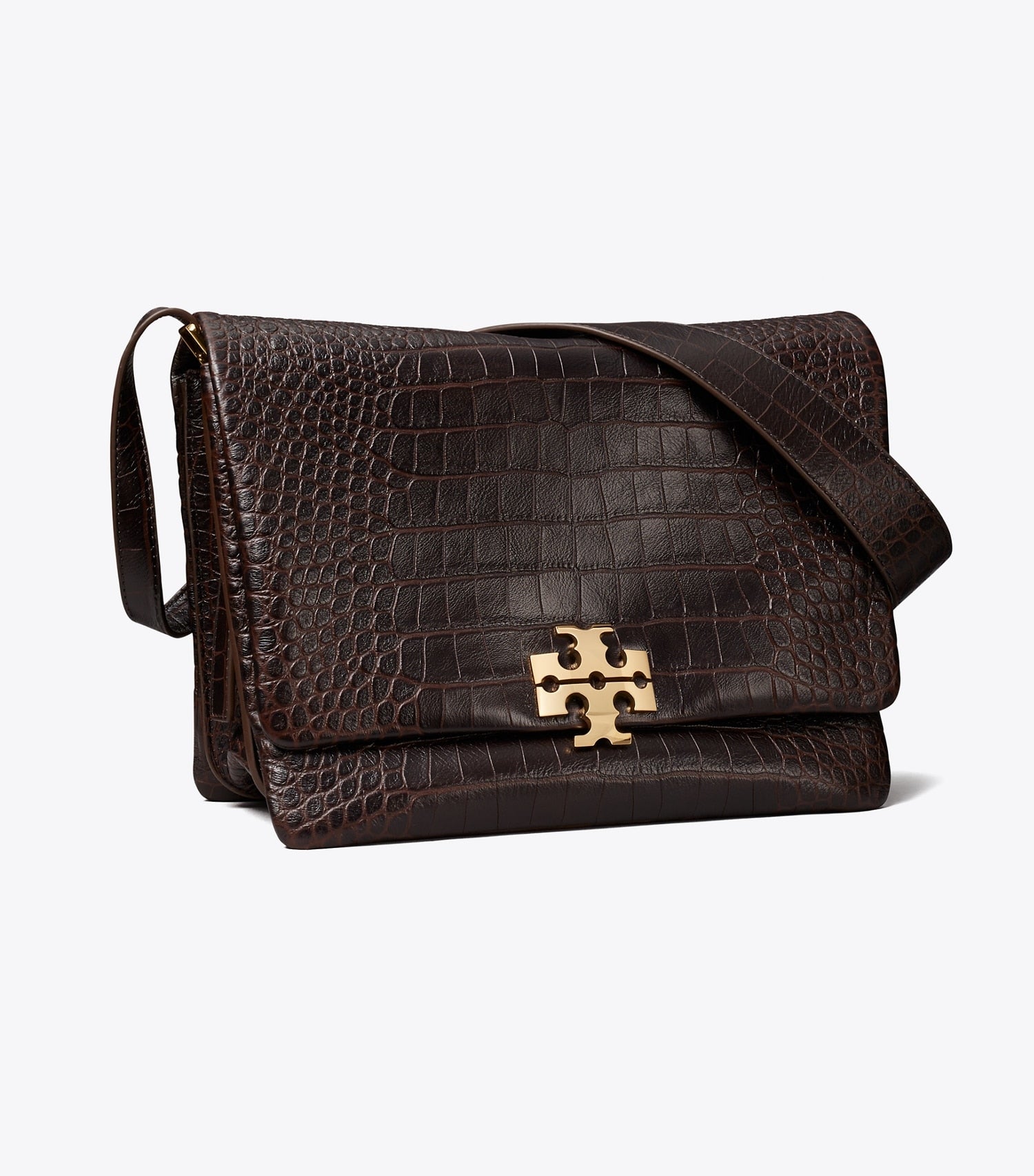 Tory Burch Large Charlie Runway Croc-Embossed Shoulder Bag - Dark Brown