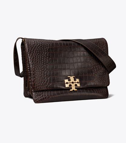 Tory Burch Large Charlie Runway Croc-Embossed Shoulder Bag - Dark Brown