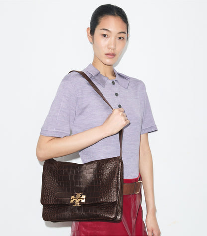 Tory Burch Large Charlie Runway Croc-Embossed Shoulder Bag - Dark Brown