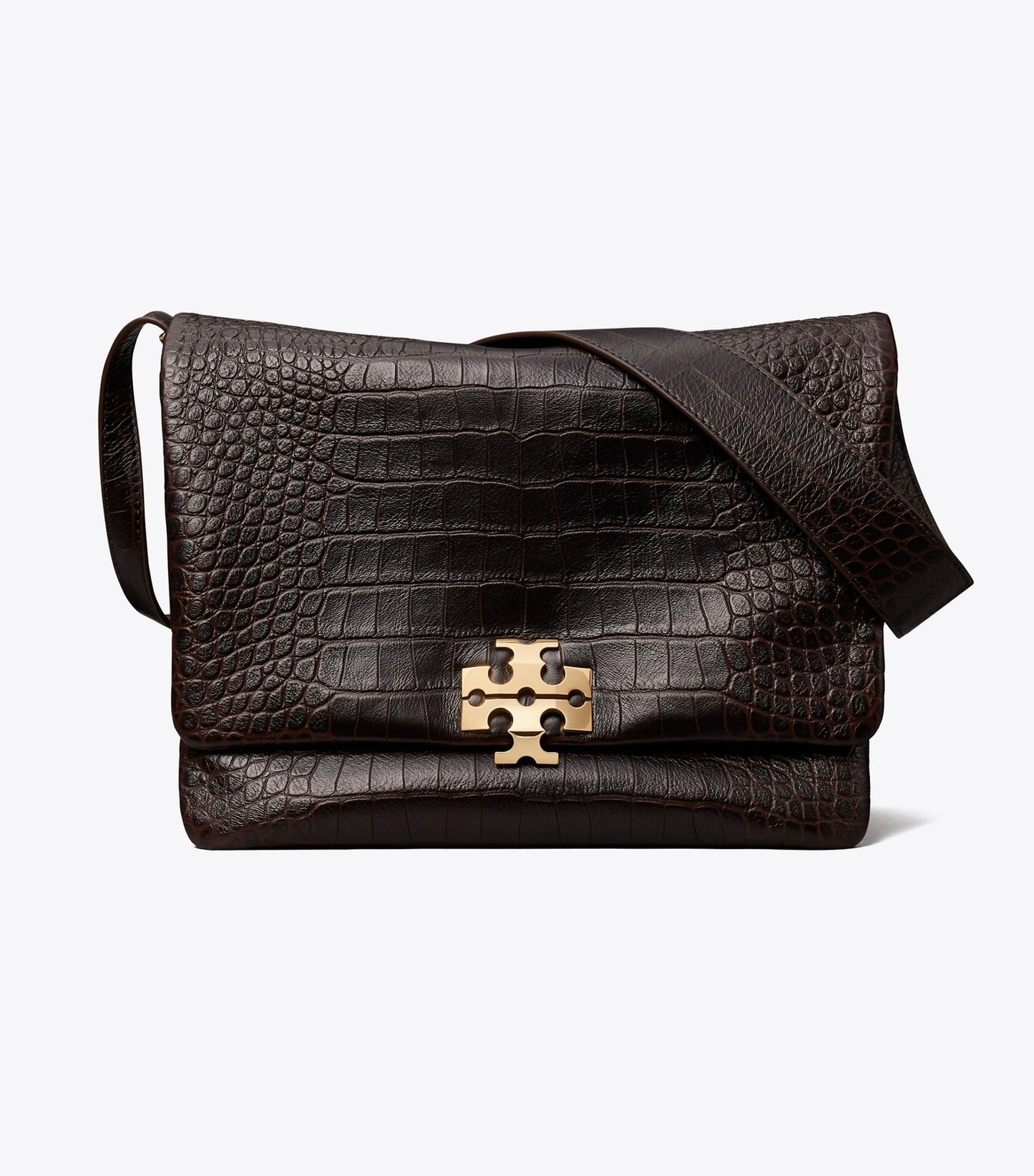 Tory Burch Large Charlie Runway Croc-Embossed Shoulder Bag - Dark Brown