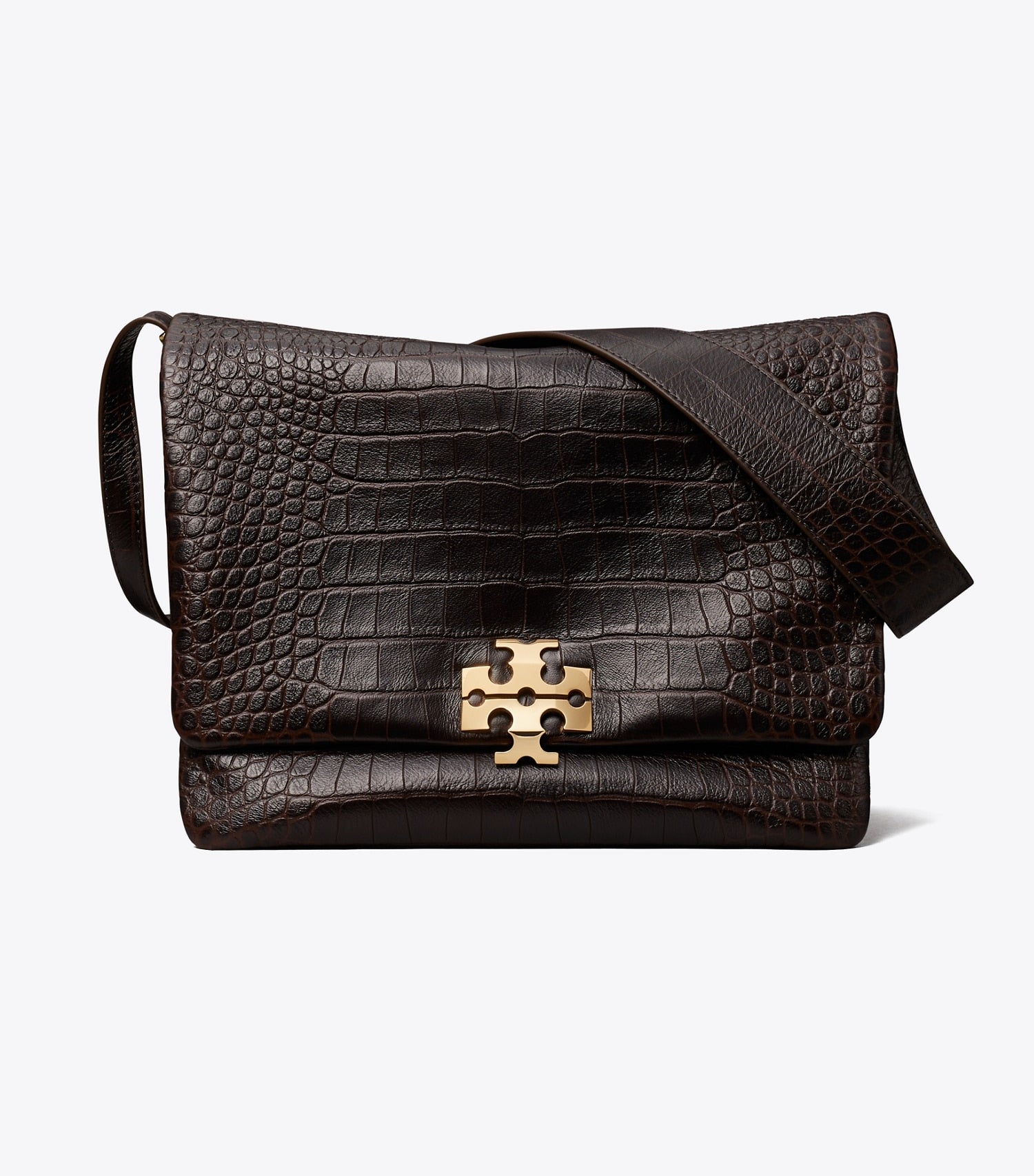 Tory Burch Large Charlie Runway Croc-Embossed Shoulder Bag - Dark Brown