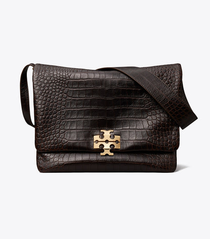 Tory Burch Large Charlie Runway Croc-Embossed Shoulder Bag - Dark Brown