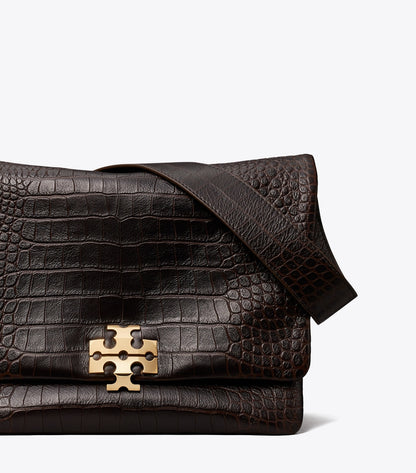 Tory Burch Large Charlie Runway Croc-Embossed Shoulder Bag - Dark Brown