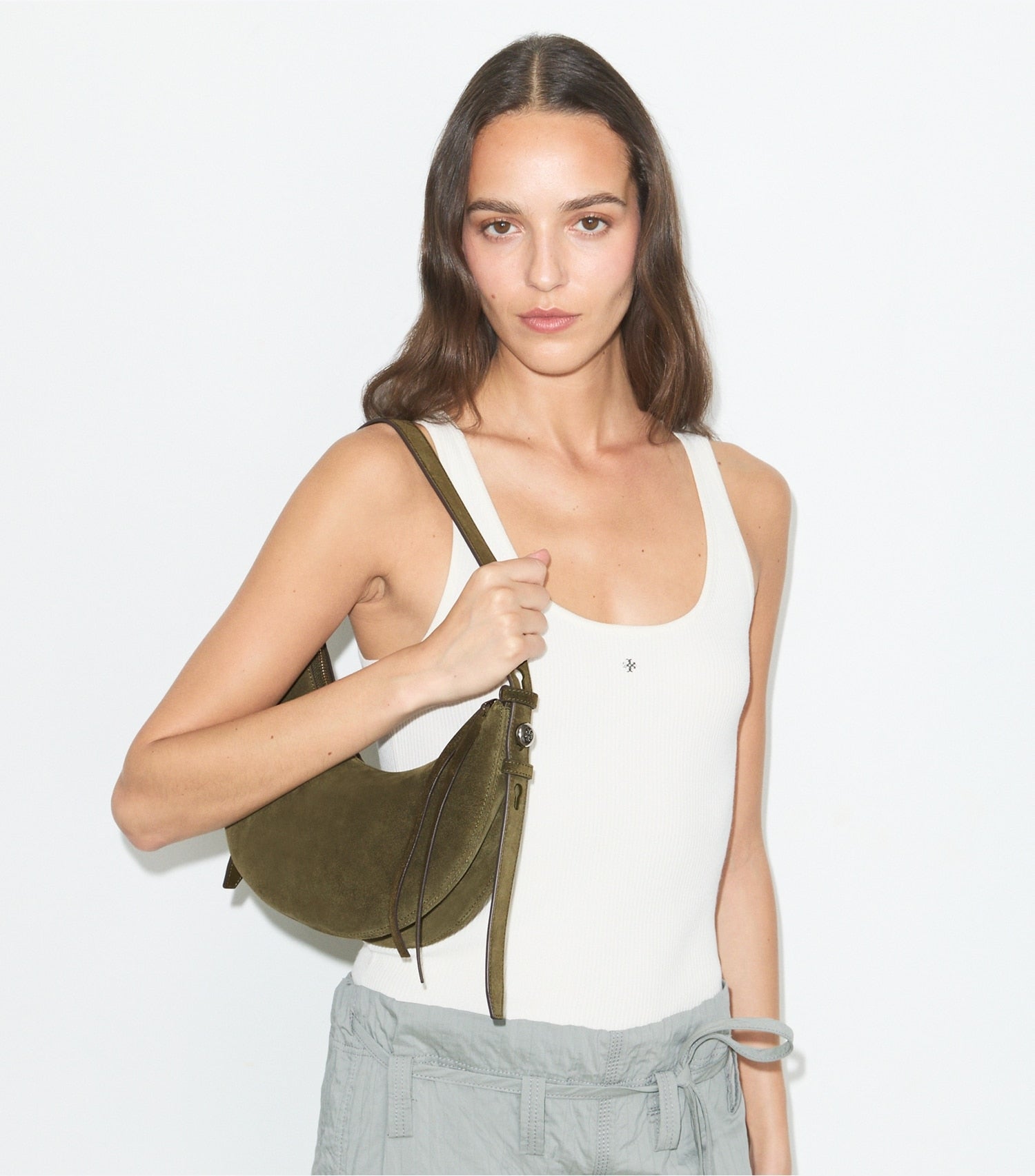 Tory Burch Romy Suede Half Moon Bag - Dark Olive
