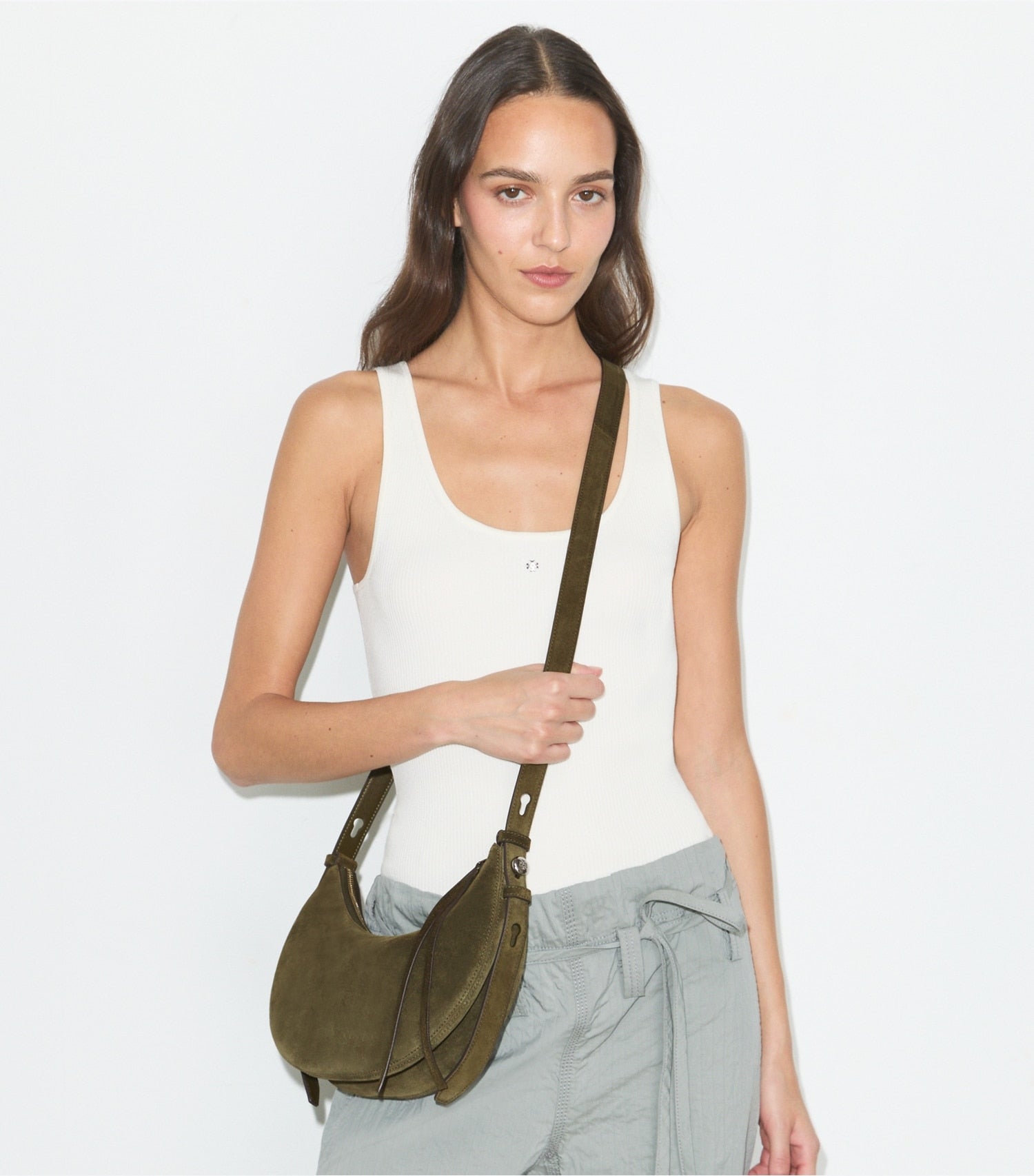 Tory Burch Romy Suede Half Moon Bag - Dark Olive