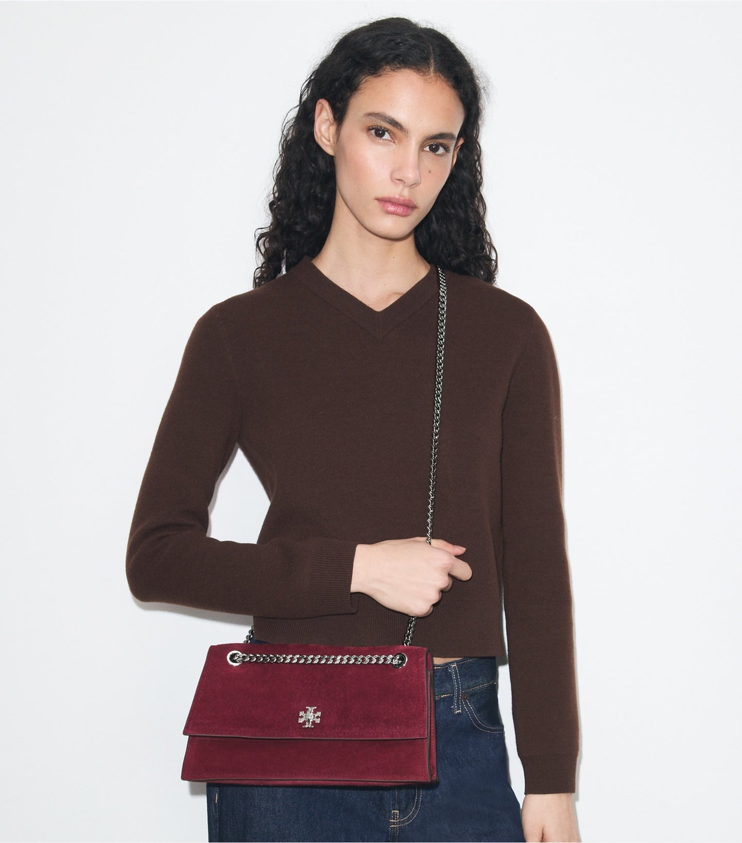 Tory Burch Kira Turnlock Suede Shoulder Bag - Merlot