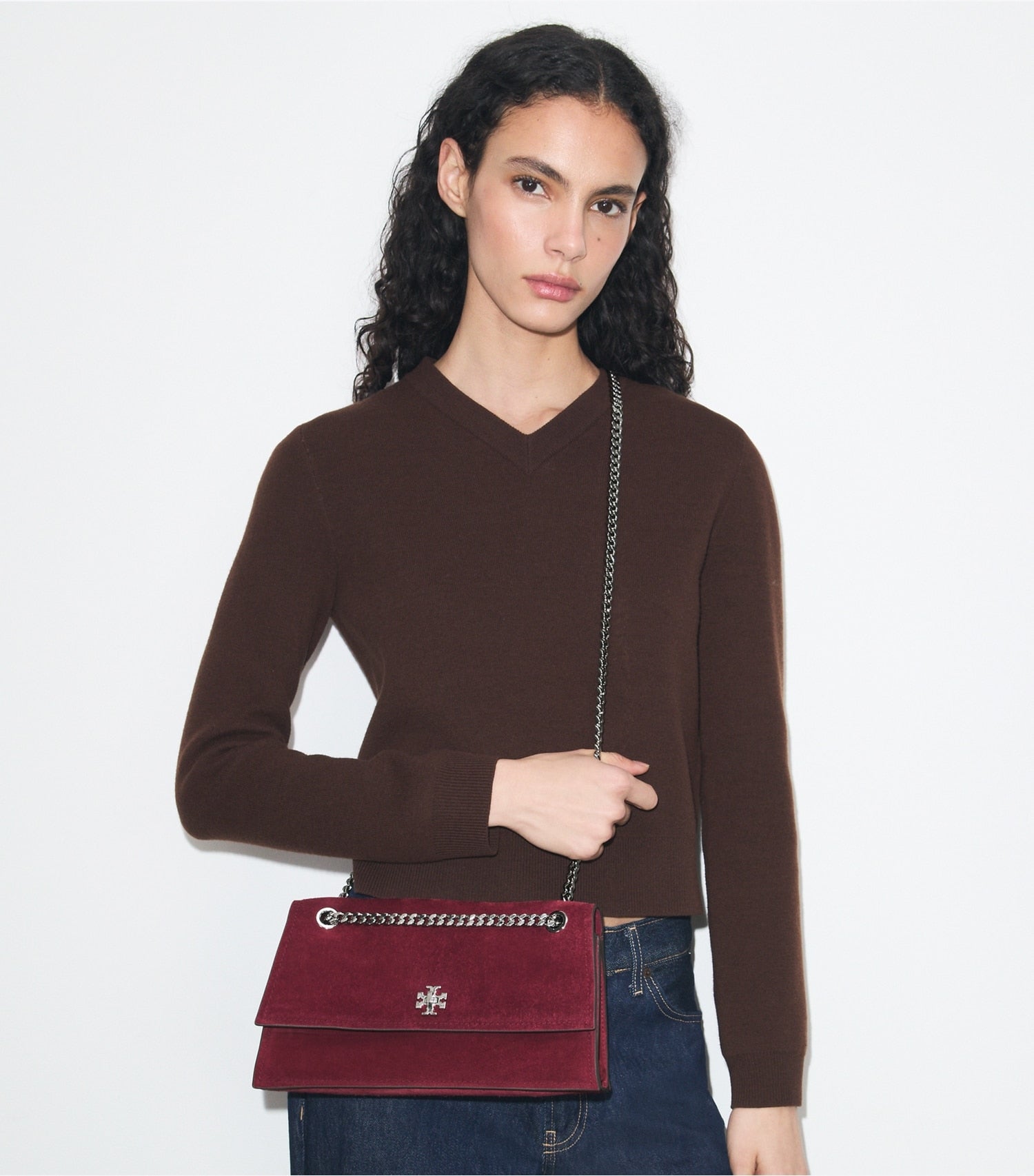 Tory Burch Kira Turnlock Suede Shoulder Bag - Merlot