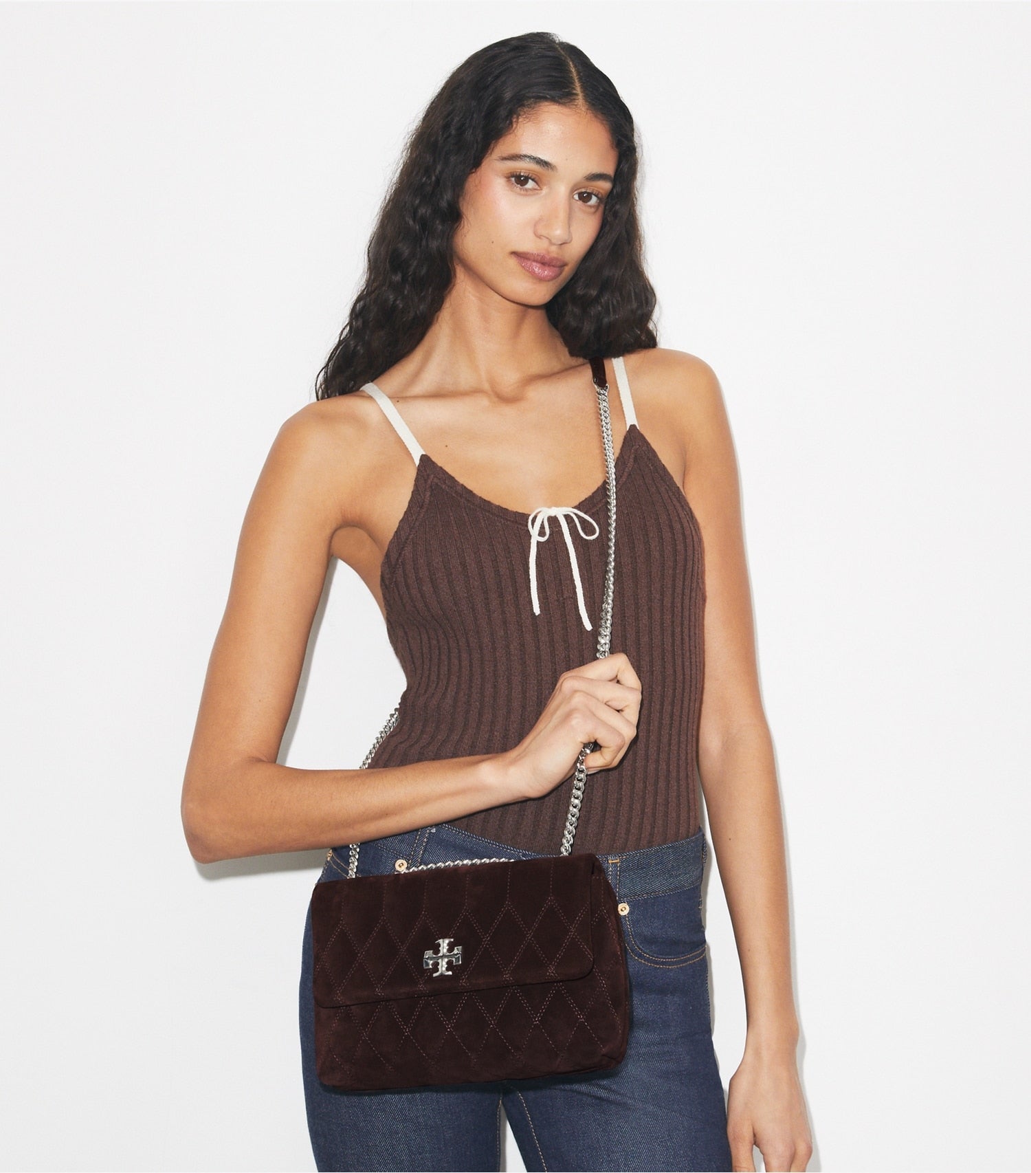 Tory Burch Small Kira Quilt Suede Shoulder Bag - Licorice