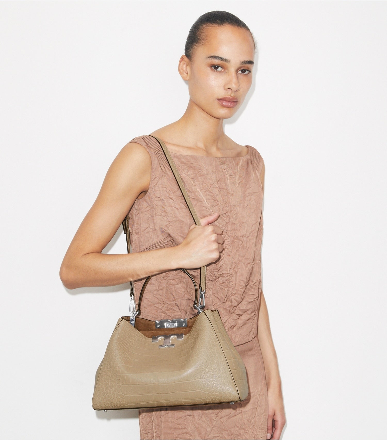 Tory Burch Eleanor Soft Croc-Embossed Satchel - Ginger Leaf