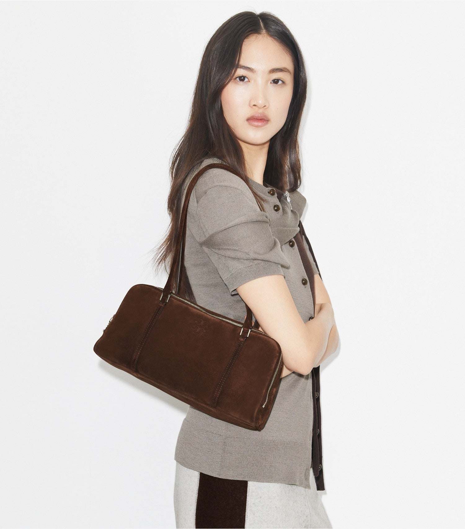 Tory Burch Small Marshmallow Suede Satchel - Dark Cocoa