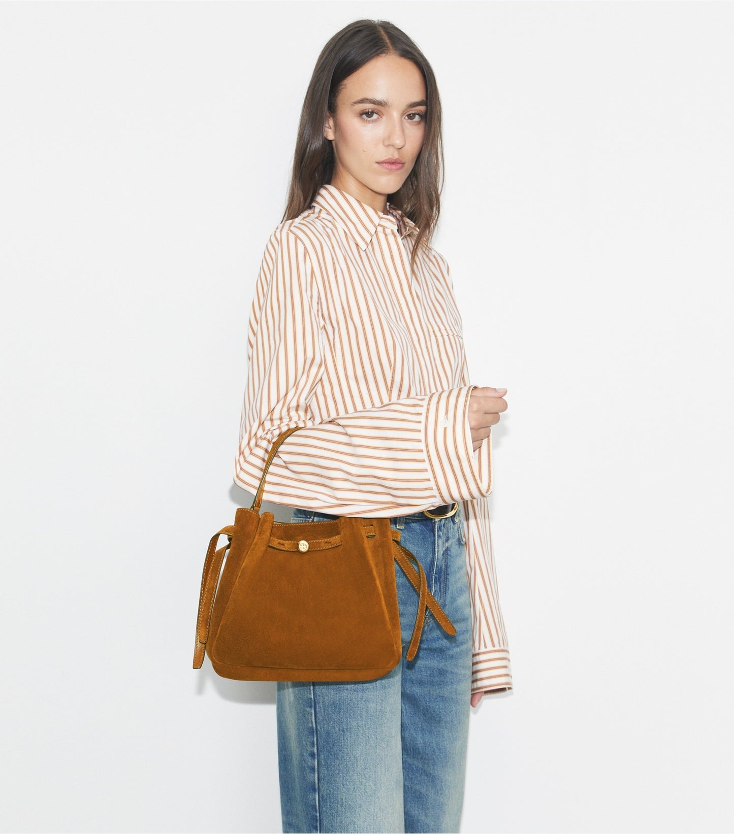 Tory Burch Romy Suede Bucket Bag - Caramel