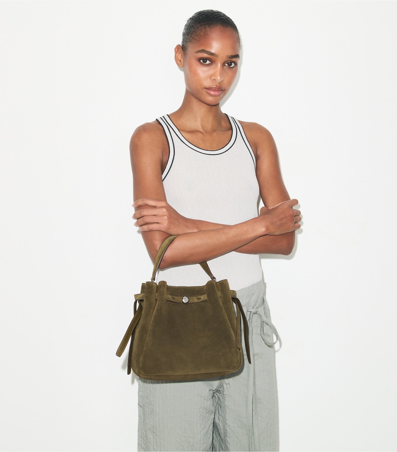 Tory Burch Romy Suede Bucket Bag - Dark Olive