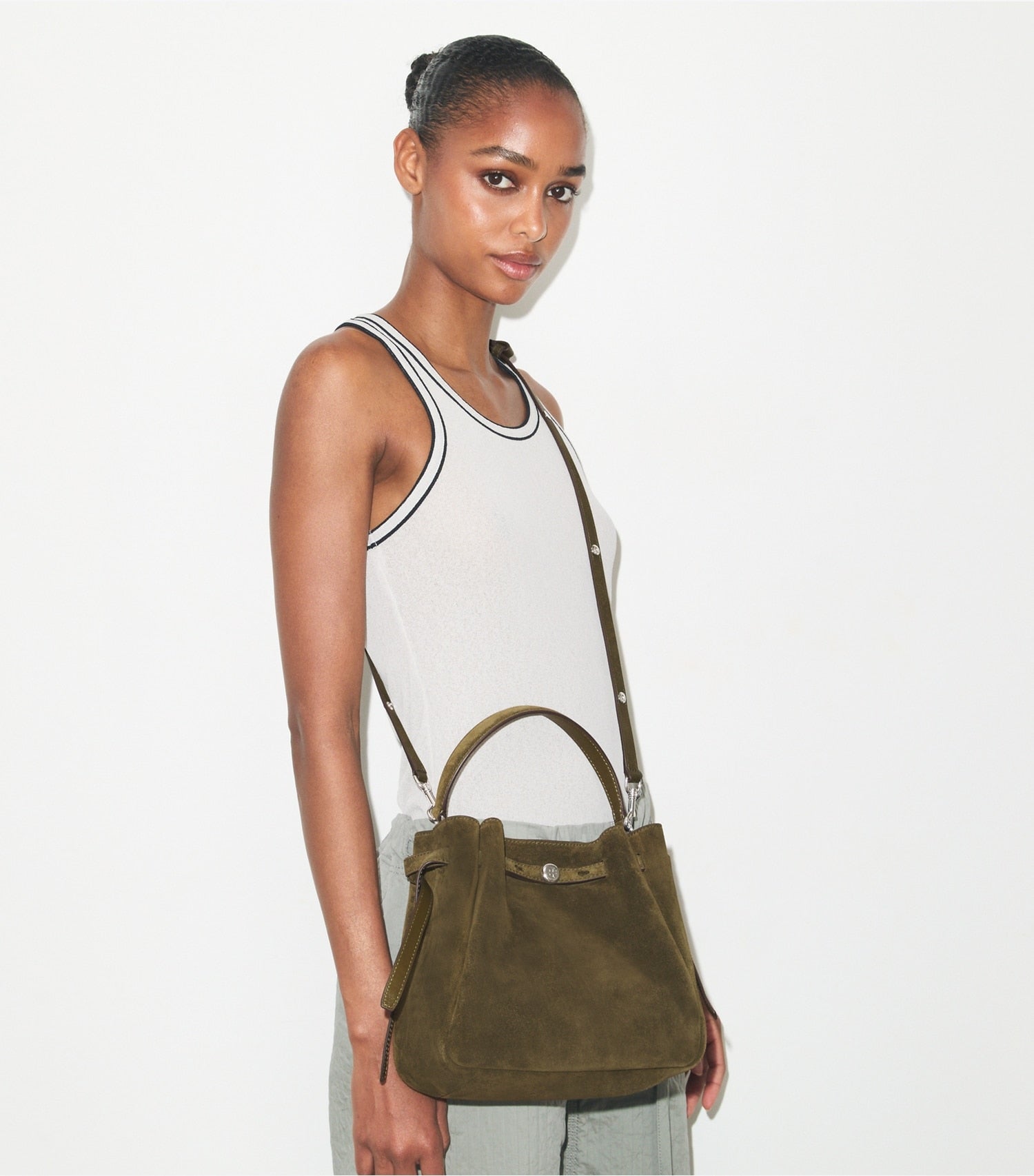 Tory Burch Romy Suede Bucket Bag - Dark Olive