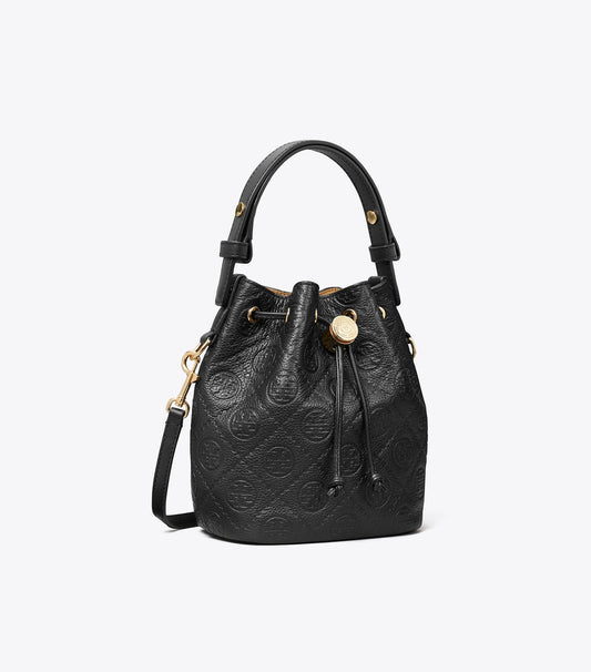 Tory Burch T Monogram Pebbled Mini Bucket Bag - Black