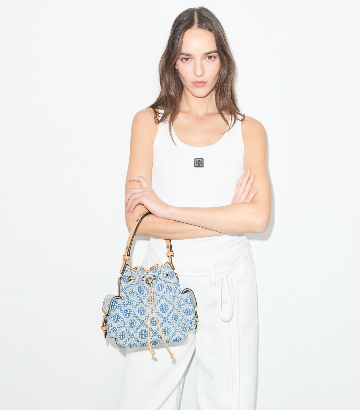 Tory Burch T Monogram Denim Bucket Bag - Powder Blue