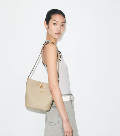 Tory Burch Medium Lock Slim Bucket Bag - Light Stone