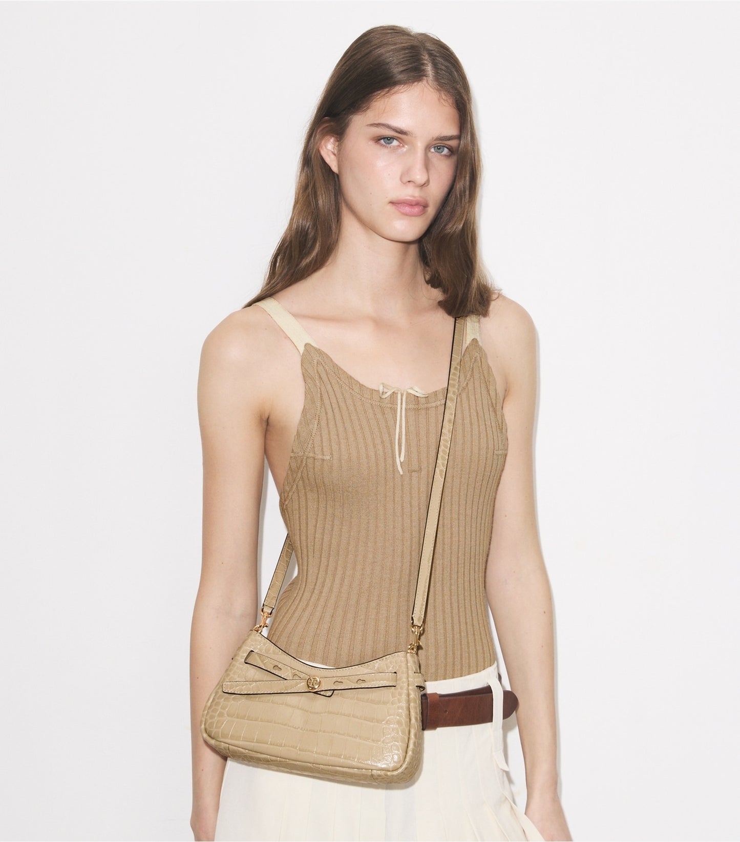 Tory Burch Romy Croc-Embossed Zip Top Crossbody Bag - Light Hickory