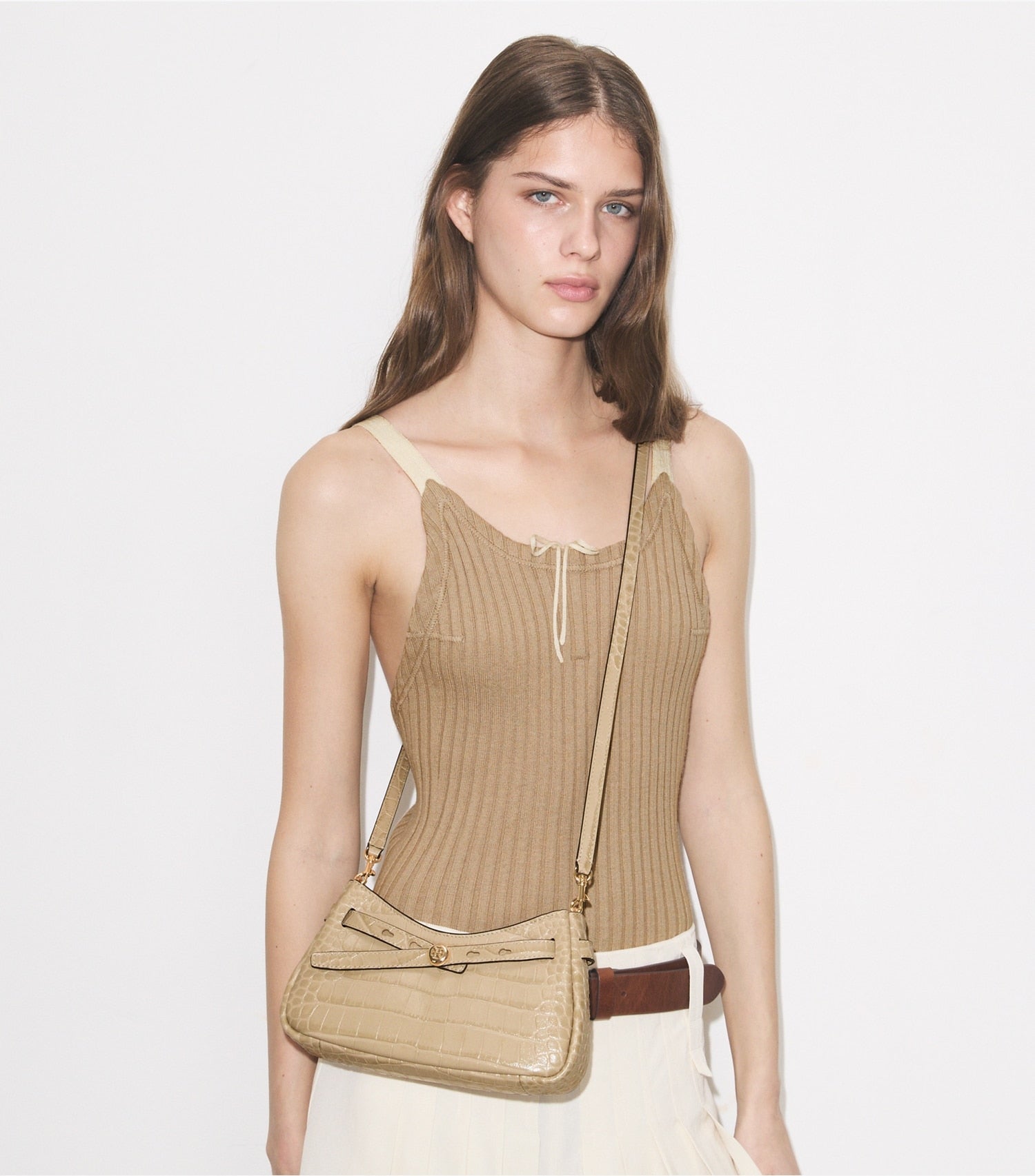Tory Burch Romy Croc-Embossed Zip Top Crossbody Bag - Light Hickory