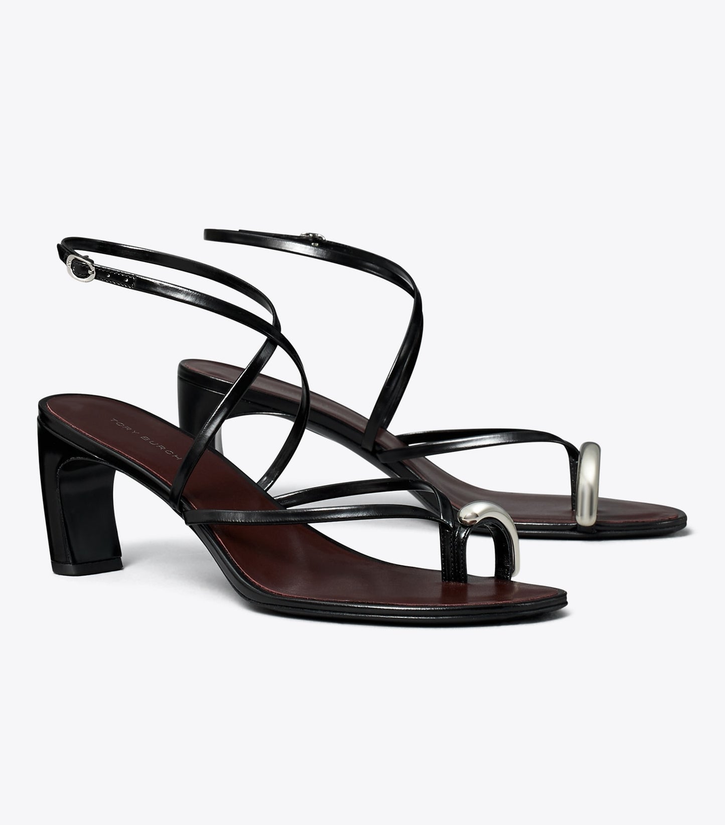 Tory Burch Pierced Multi-Strap Heeled Sandal - Perfect Black / Silver