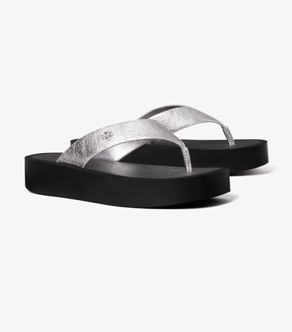 Tory Burch Leather Platform Flip Flop - Silver / Perfect Black / Silver