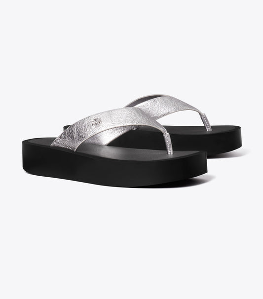 Tory Burch Leather Platform Flip Flop - Silver / Perfect Black / Silver