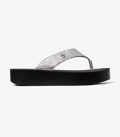 Tory Burch Leather Platform Flip Flop - Silver / Perfect Black / Silver