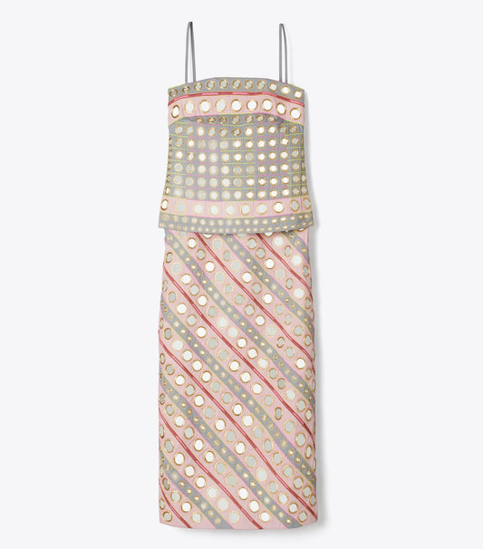 Tory Burch Mirror Embellished Cotton Dress - Pink / Gray