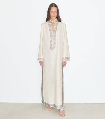 Tory Burch Embellished Linen Caftan - New Ivory