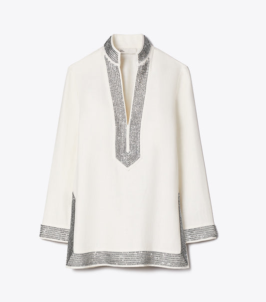Tory Burch Embellished Linen Tunic - New Ivory