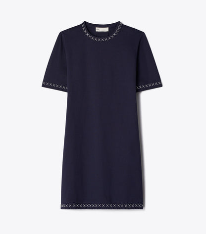 Tory Burch Embroidered Cotton T-Shirt Dress - Medium Navy