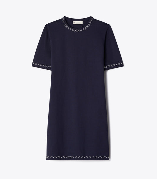 Tory Burch Embroidered Cotton T-Shirt Dress - Medium Navy