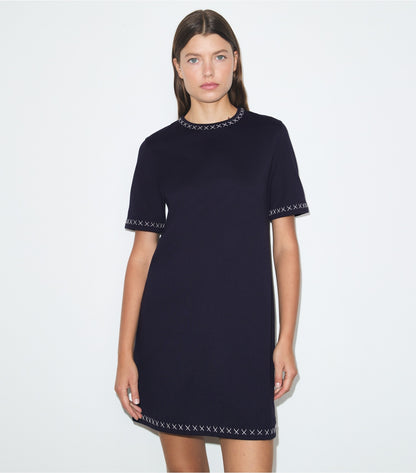 Tory Burch Embroidered Cotton T-Shirt Dress - Medium Navy