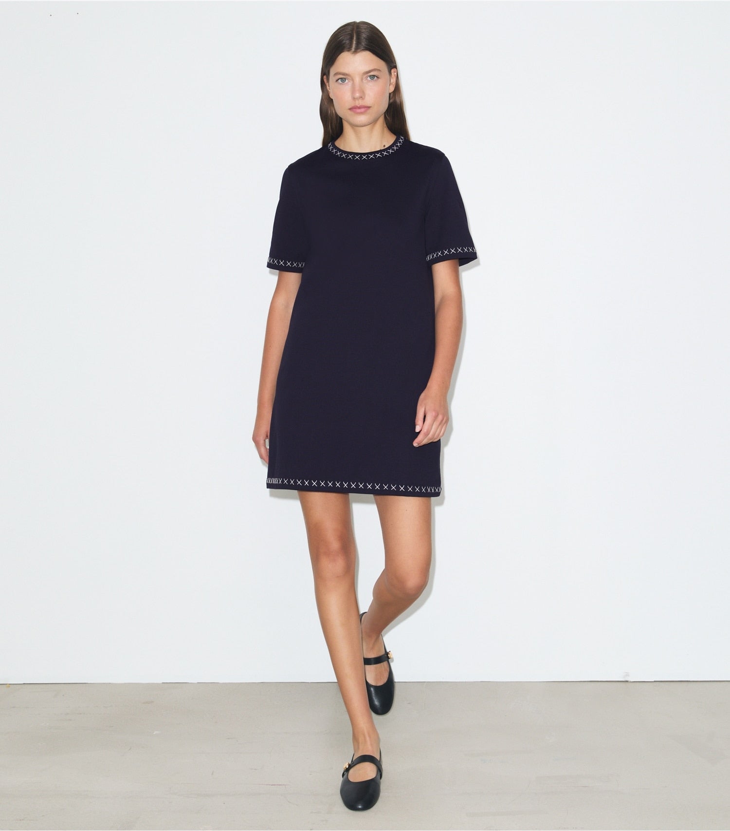 Tory Burch Embroidered Cotton T-Shirt Dress - Medium Navy