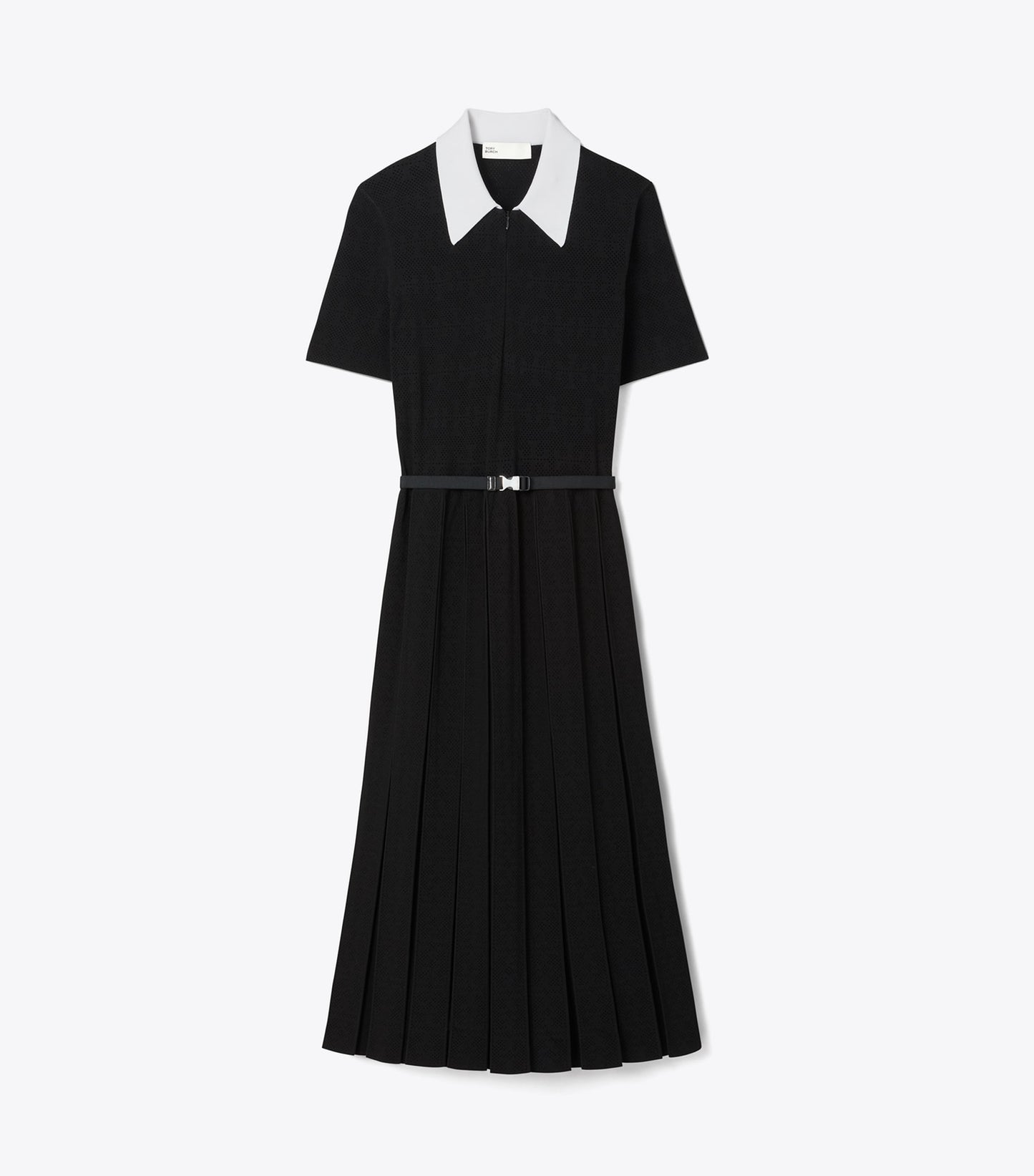 Tory Burch T Monogram Pointelle Pleated Dress - White / Black