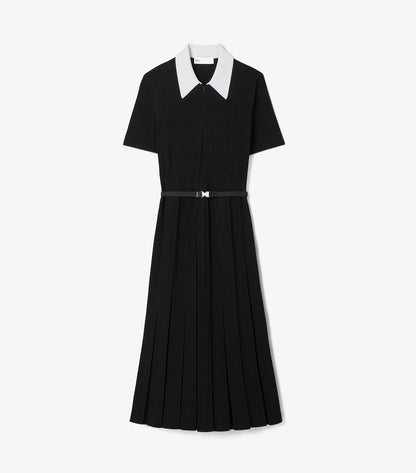 Tory Burch T Monogram Pointelle Pleated Dress - White / Black