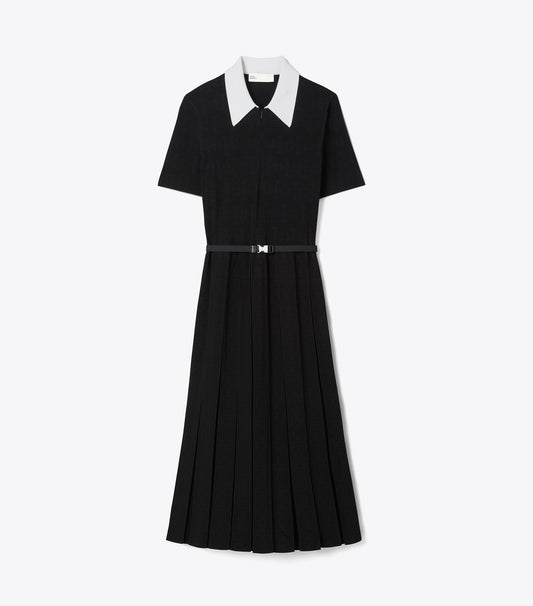 Tory Burch T Monogram Pointelle Pleated Dress - White / Black