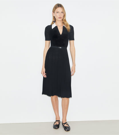 Tory Burch T Monogram Pointelle Pleated Dress - White / Black
