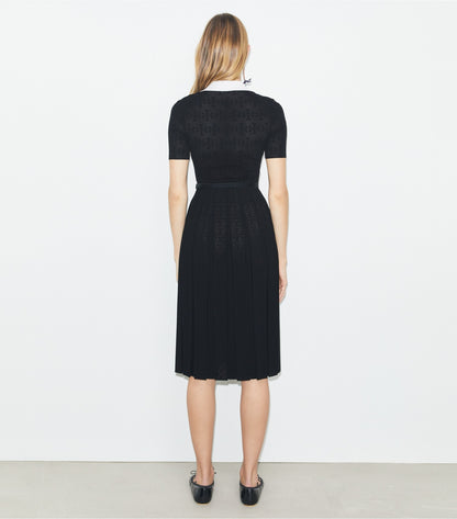 Tory Burch T Monogram Pointelle Pleated Dress - White / Black