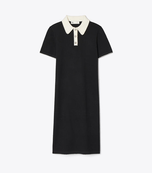 Tory Burch Wool Scalloped Polo Dress - Black / New Ivory