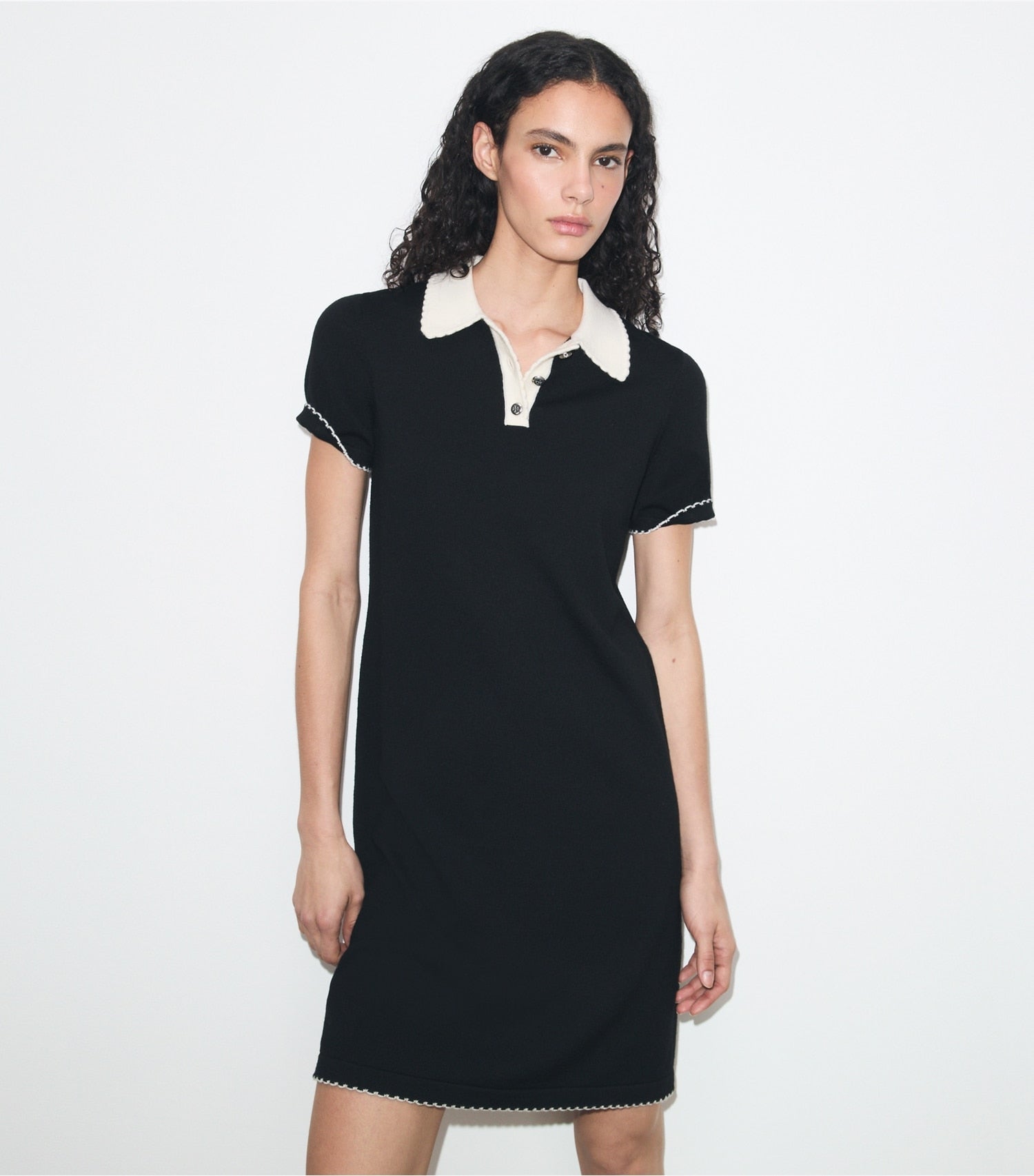 Tory Burch Wool Scalloped Polo Dress - Black / New Ivory