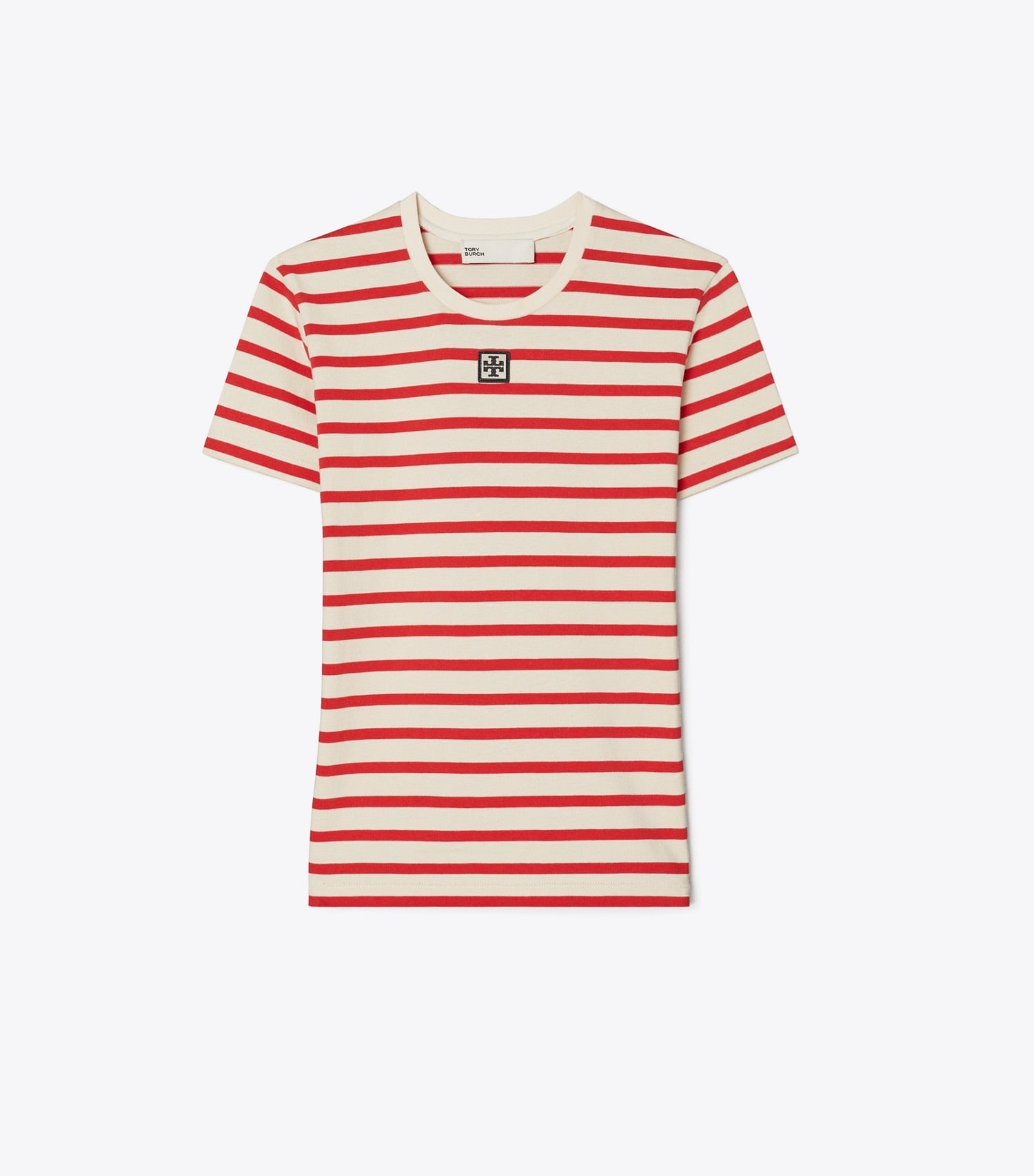 Tory Burch Striped Cotton T-Shirt - Light Ivory/Flash Red
