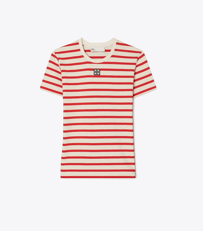 Tory Burch Striped Cotton T-Shirt - Light Ivory/Flash Red