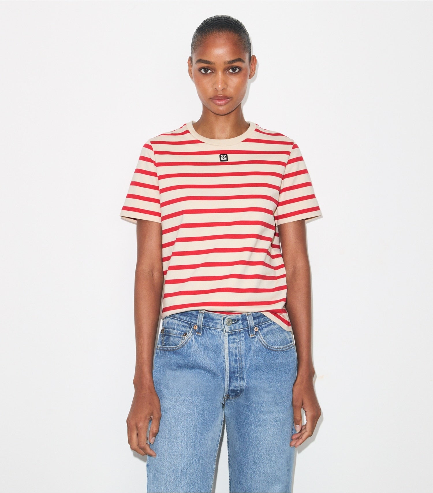 Tory Burch Striped Cotton T-Shirt - Light Ivory/Flash Red