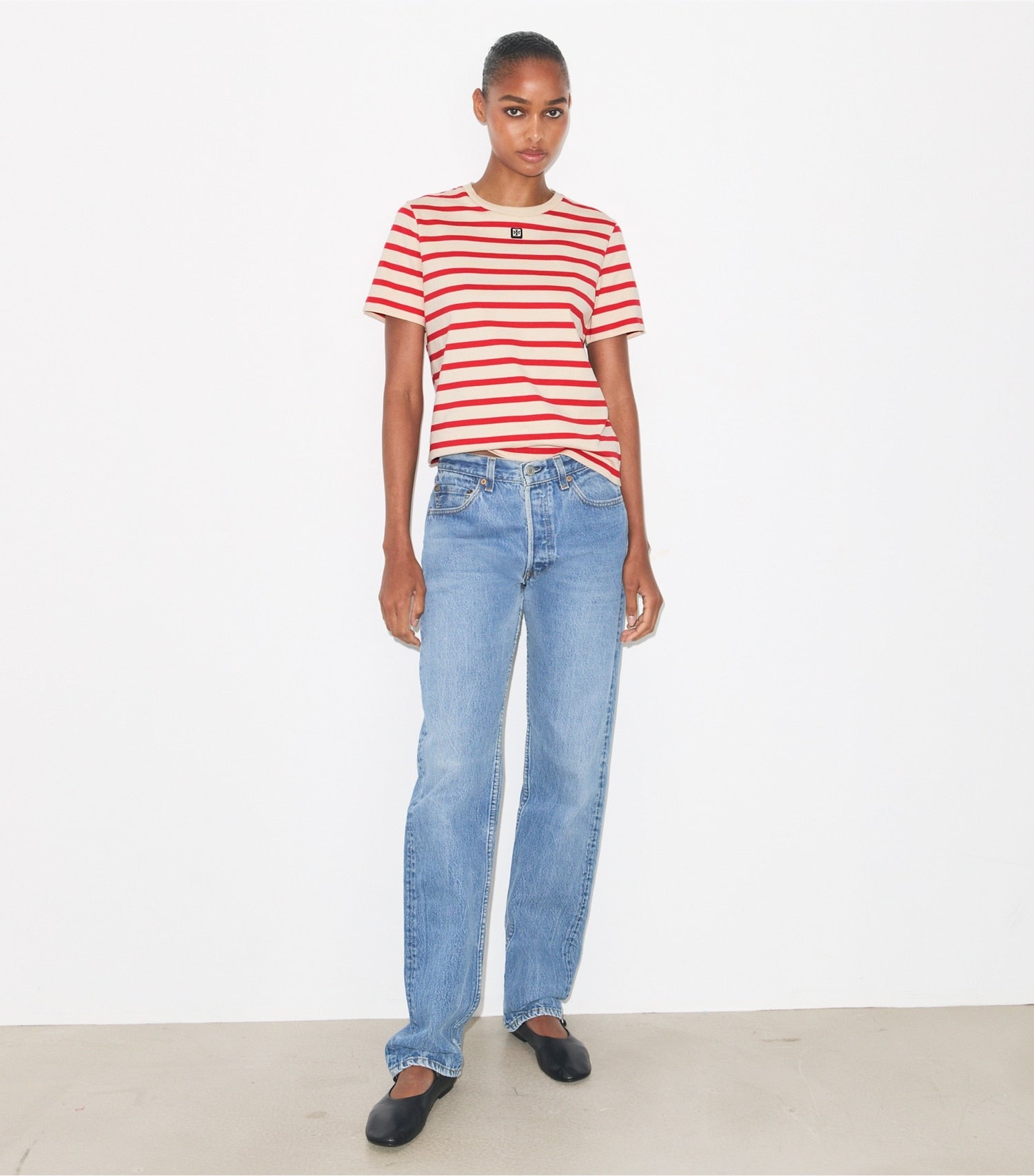 Tory Burch Striped Cotton T-Shirt - Light Ivory/Flash Red