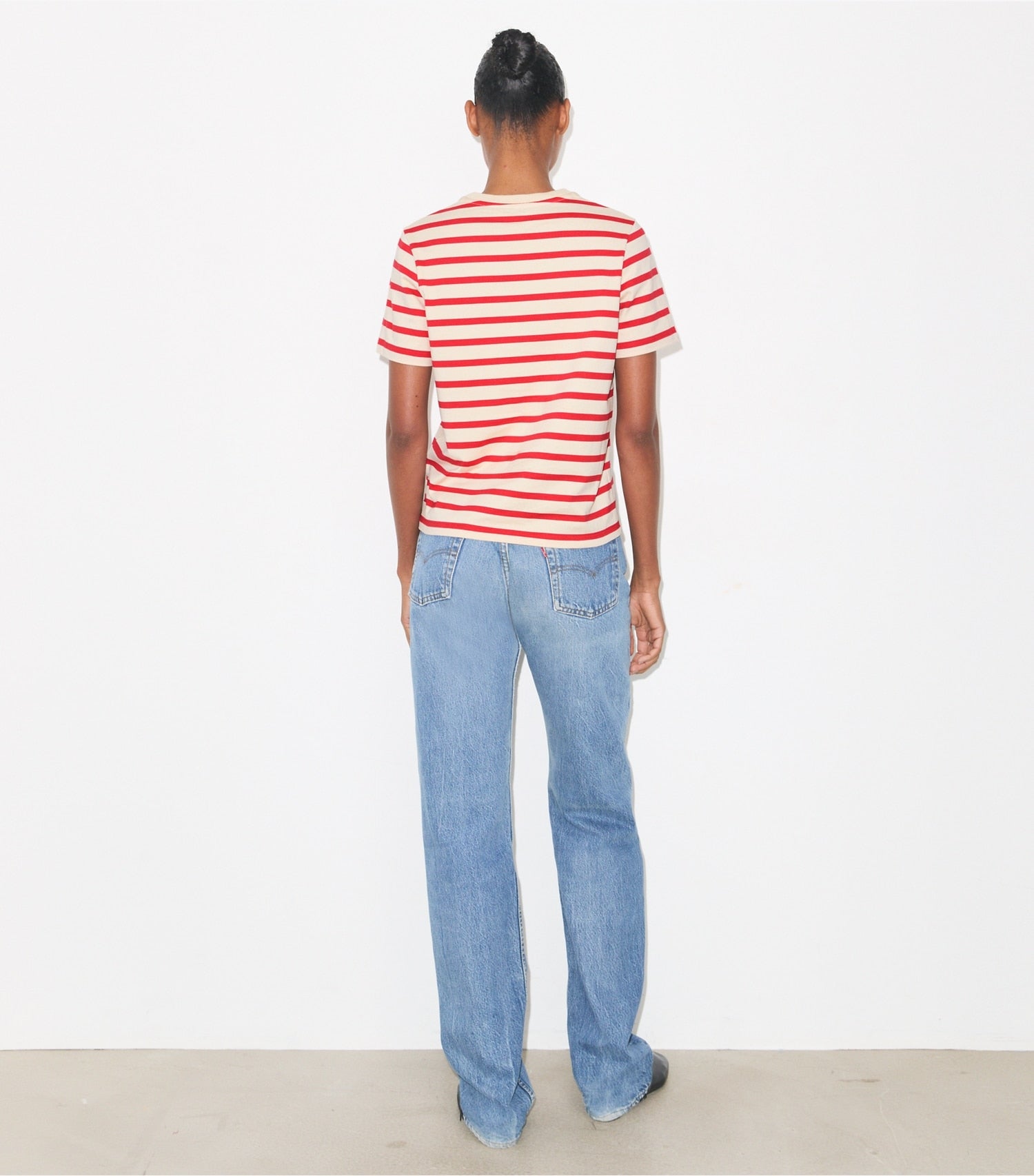 Tory Burch Striped Cotton T-Shirt - Light Ivory/Flash Red