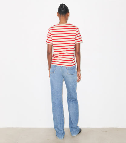 Tory Burch Striped Cotton T-Shirt - Light Ivory/Flash Red