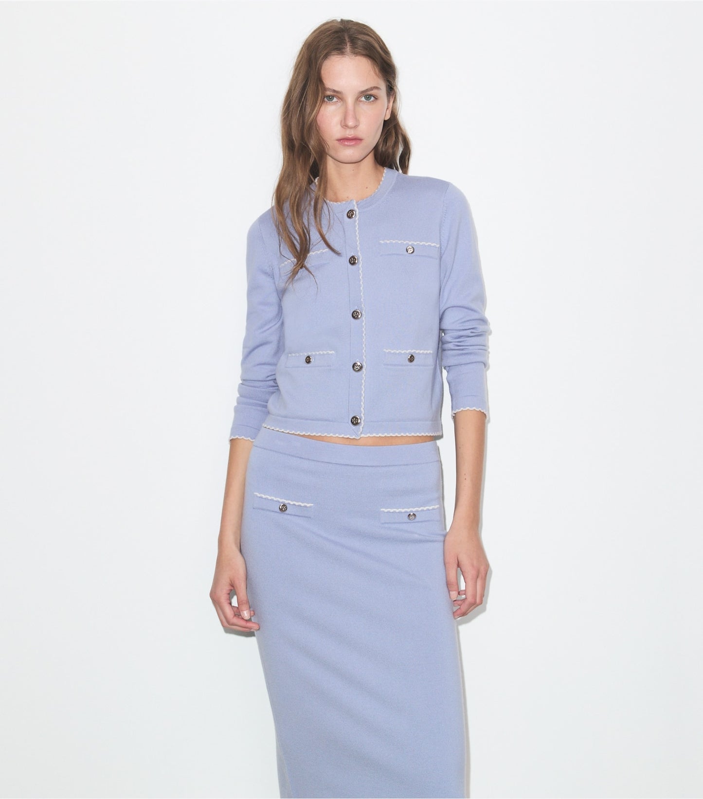 Tory Burch Kendra Wool Scalloped Cardigan - Pale Blue / New Ivory