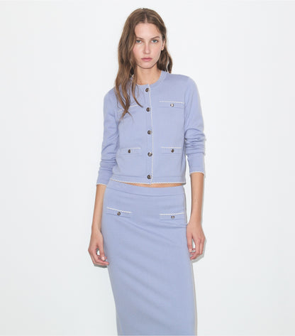 Tory Burch Kendra Wool Scalloped Cardigan - Pale Blue / New Ivory
